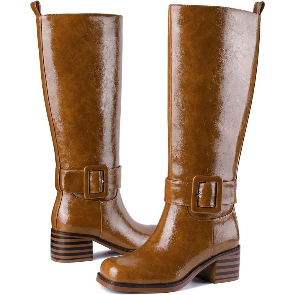 Women's B-brown Round Toe Wide Calf Chunky Low Heel Pull Knee High Boots Rubber